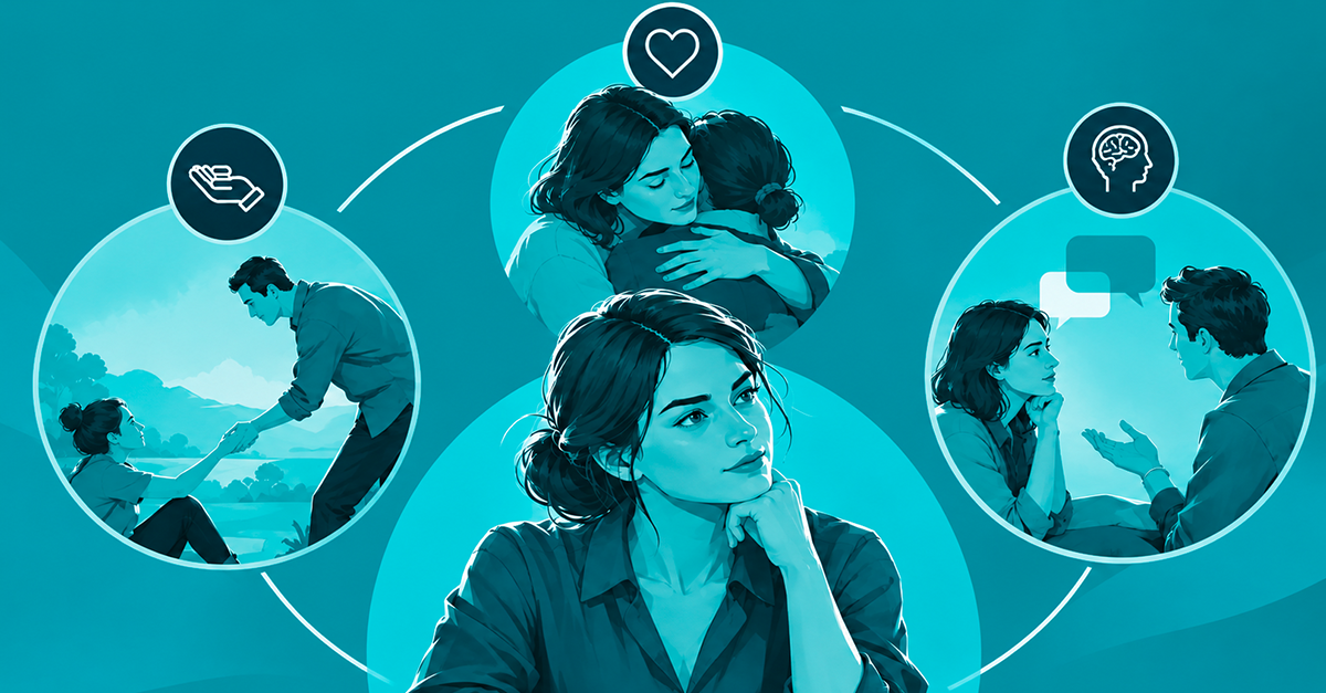 Ilustración de las tres caras de la empatía: cognitiva, emocional y preocupación empática