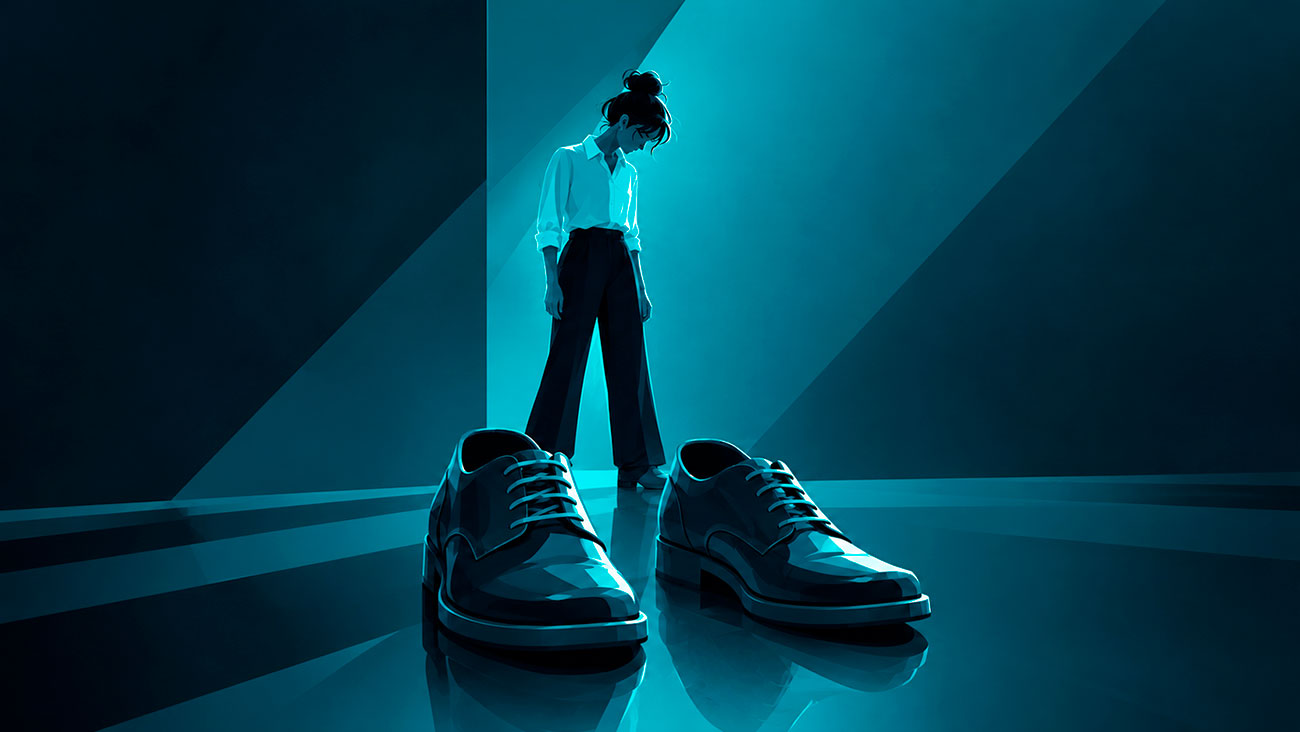 Mujer con zapatos de hombre gigantescos